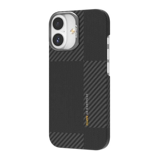 Raptic iPhone 17 Series Aramid Geotik Case features a black textured aerospace-grade aramid fibre with a plaid carbon fiber pattern, MagSafe-optimized; text reads “DESIGNED BY PITAKA.”.