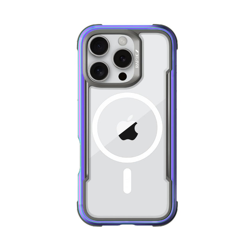 A smartphone encased in the Raptic iPhone 16 Series Case - Shield, featuring a transparent design with a prominent Apple logo on the back and a ring-shaped accent around the camera area, offering 3-meter drop protection.