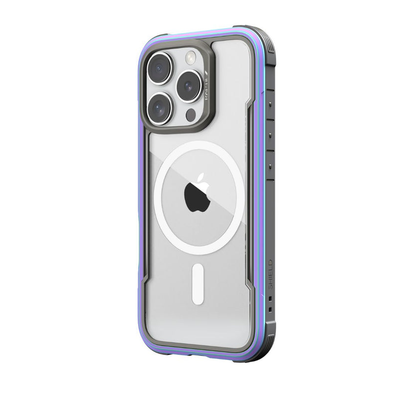 Raptic's iPhone 16 Series case, the Shield, features blue accents on a clear MagSafe case with a circular white design on the back and multiple camera lenses on the top-left corner. This durable case meets MIL-STD-810G Standards and provides 3-metre drop protection for your device.