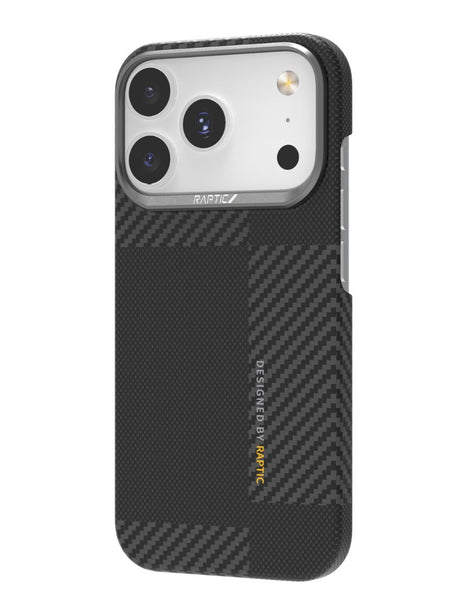 The Raptic Geotik Aramid case for iPhone 17 Series features a black and gray textured MagSafe-optimized design, three rear cameras, and 