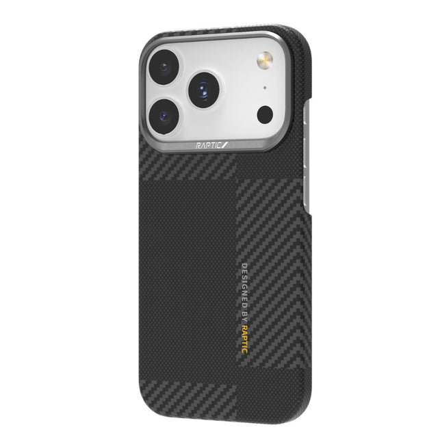 The Raptic Geotik Aramid case for iPhone 17 Series features a black and gray textured MagSafe-optimized design, three rear cameras, and 