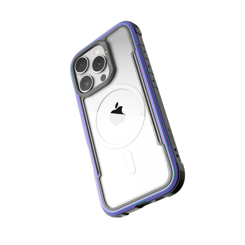 Raptic’s iPhone 16 Series Case - Shield is a clear smartphone case with a black frame and purple accents, featuring a transparent back that reveals the Apple logo and the rear camera array on your phone. This MagSafe-compatible case also meets MIL-STD-810G standards for 3-meter drop protection.