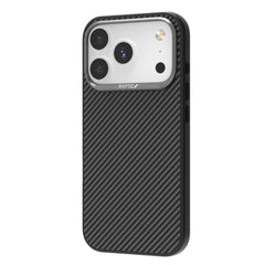 The Raptic Aramid Fibre 600D case for iPhone 17 Pro features a black aramid fiber design with a carbon fiber texture and accommodates three rear cameras.