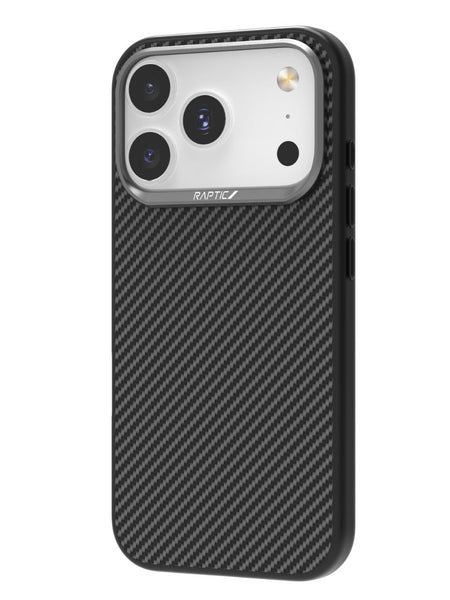 The Raptic Aramid Fibre 600D case for iPhone 17 Pro features a black aramid fiber design with a carbon fiber texture and accommodates three rear cameras.