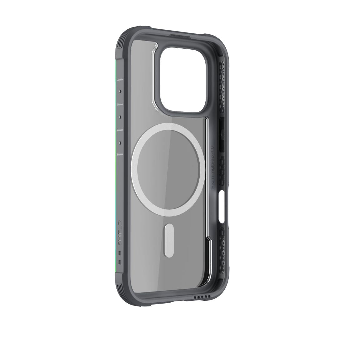 Introducing the iPhone 16 Series Case - Shield by Raptic, a transparent MagSafe-compatible case with a built-in circular magnet ring, dark border, reinforced protective corners, and 3-metre drop protection that meets MIL-STD-810G standards.