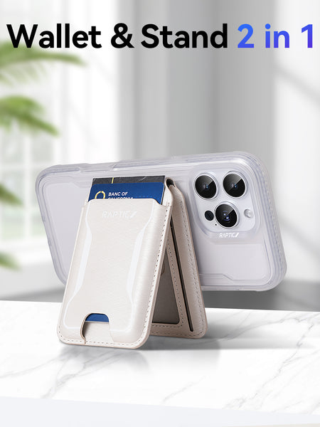 A Raptic Air Wallet, the iPhone Magnetic Wallet from Raptic, in a light color holds cards and props the phone upright on a marble surface. Text above reads 
