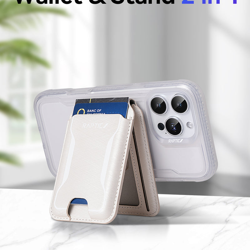A Raptic Air Wallet, the iPhone Magnetic Wallet from Raptic, in a light color holds cards and props the phone upright on a marble surface. Text above reads 