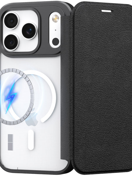 The Raptic Air Folio iPhone 17 case is a black wallet folio with a magnetic buckle, triple rear camera cutout, transparent back, and wireless charging symbol.
