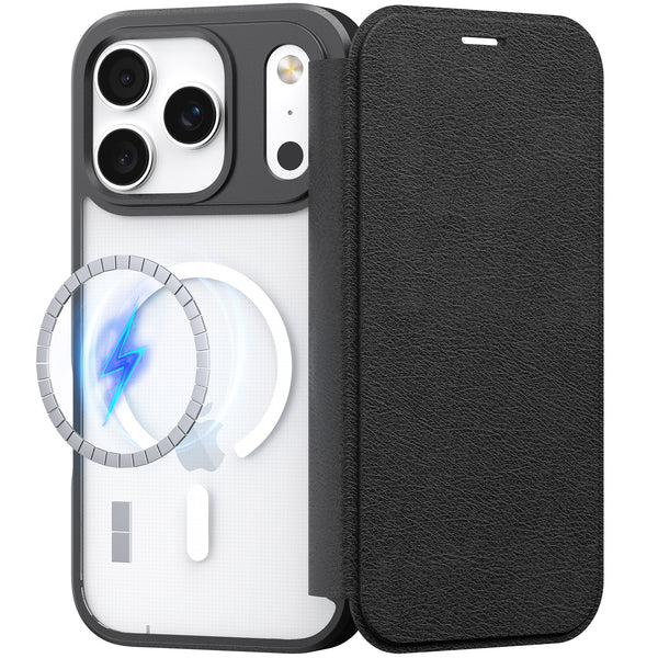The Raptic Air Folio iPhone 17 case is a black wallet folio with a magnetic buckle, triple rear camera cutout, transparent back, and wireless charging symbol.