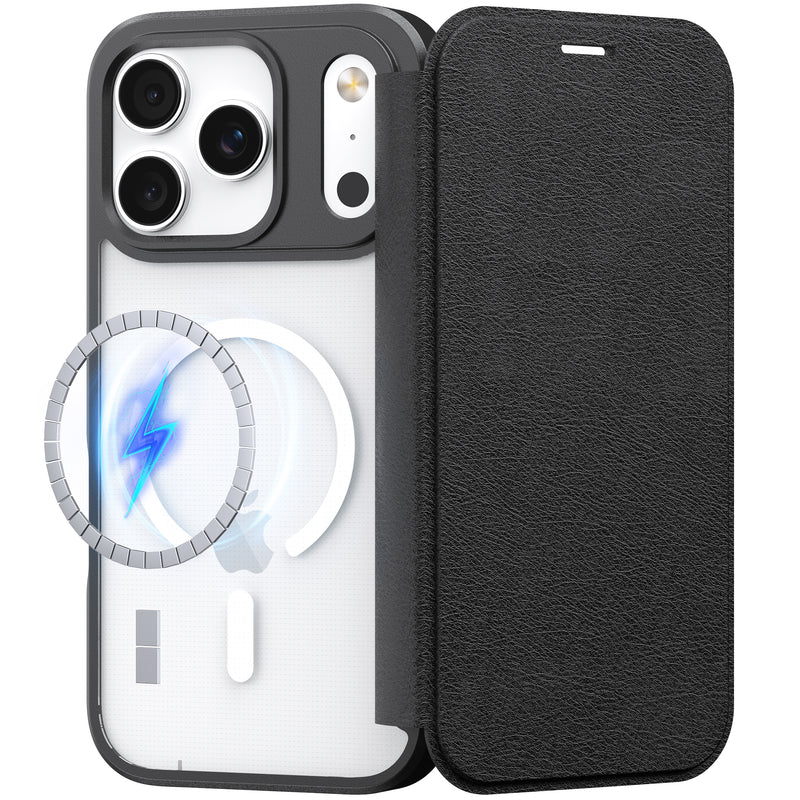 The Raptic Air Folio iPhone 17 case is a black wallet folio with a magnetic buckle, triple rear camera cutout, transparent back, and wireless charging symbol.