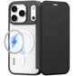 The Raptic Air Folio iPhone 17 case is a black wallet folio with a magnetic buckle, triple rear camera cutout, transparent back, and wireless charging symbol.