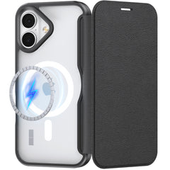 An iPhone 17 in a Raptic Air Folio black wallet case with a transparent back, displaying a wireless charging symbol and dual rear cameras.
