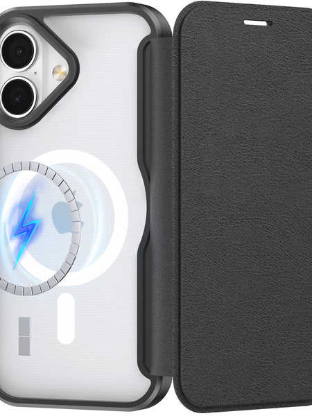 An iPhone 17 in a Raptic Air Folio black wallet case with a transparent back, displaying a wireless charging symbol and dual rear cameras.