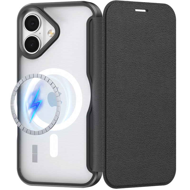 An iPhone 17 in a Raptic Air Folio black wallet case with a transparent back, displaying a wireless charging symbol and dual rear cameras.