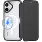 An iPhone 17 in a Raptic Air Folio black wallet case with a transparent back, displaying a wireless charging symbol and dual rear cameras.