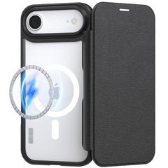 The Raptic iPhone 17 Folio Case - Air Folio is a black leather wallet case with MagSafe charging compatibility and a magnetic buckle, shown displaying a charging symbol.