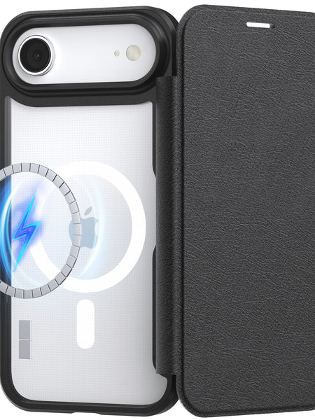 The Raptic iPhone 17 Folio Case - Air Folio is a black leather wallet case with MagSafe charging compatibility and a magnetic buckle, shown displaying a charging symbol.