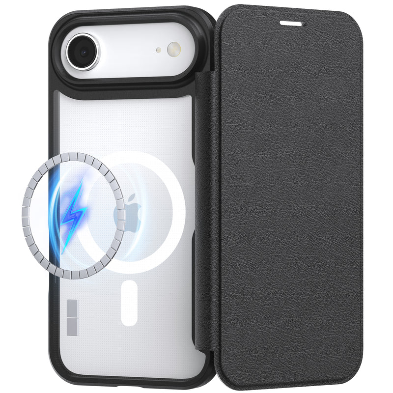 The Raptic iPhone 17 Folio Case - Air Folio is a black leather wallet case with MagSafe charging compatibility and a magnetic buckle, shown displaying a charging symbol.