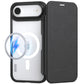 The Raptic iPhone 17 Folio Case - Air Folio is a black leather wallet case with MagSafe charging compatibility and a magnetic buckle, shown displaying a charging symbol.