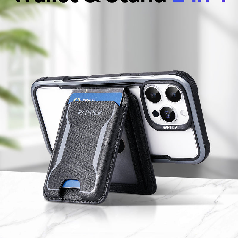 An iPhone with the Raptic Air Wallet, a black magnetic wallet and stand case by Raptic, is placed on white marble with 