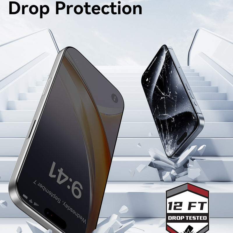 Two iPhones fall down stairs—one pristine, one shattered. Text: 
