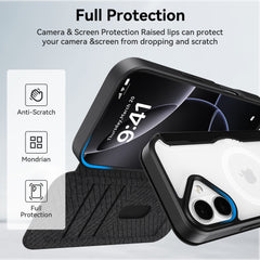 The Raptic iPhone 17 Folio Case - Air Folio is shown with raised edges for camera and screen protection, anti-scratch icons, a Mondrian design, full protection features, and a secure magnetic buckle.