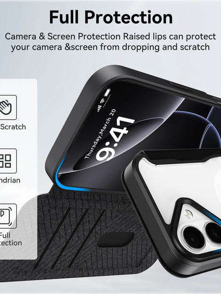 The Raptic iPhone 17 Folio Case - Air Folio is shown with raised edges for camera and screen protection, anti-scratch icons, a Mondrian design, full protection features, and a secure magnetic buckle.