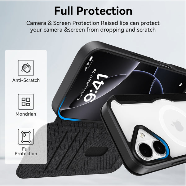 The Raptic iPhone 17 Folio Case - Air Folio is shown with raised edges for camera and screen protection, anti-scratch icons, a Mondrian design, full protection features, and a secure magnetic buckle.