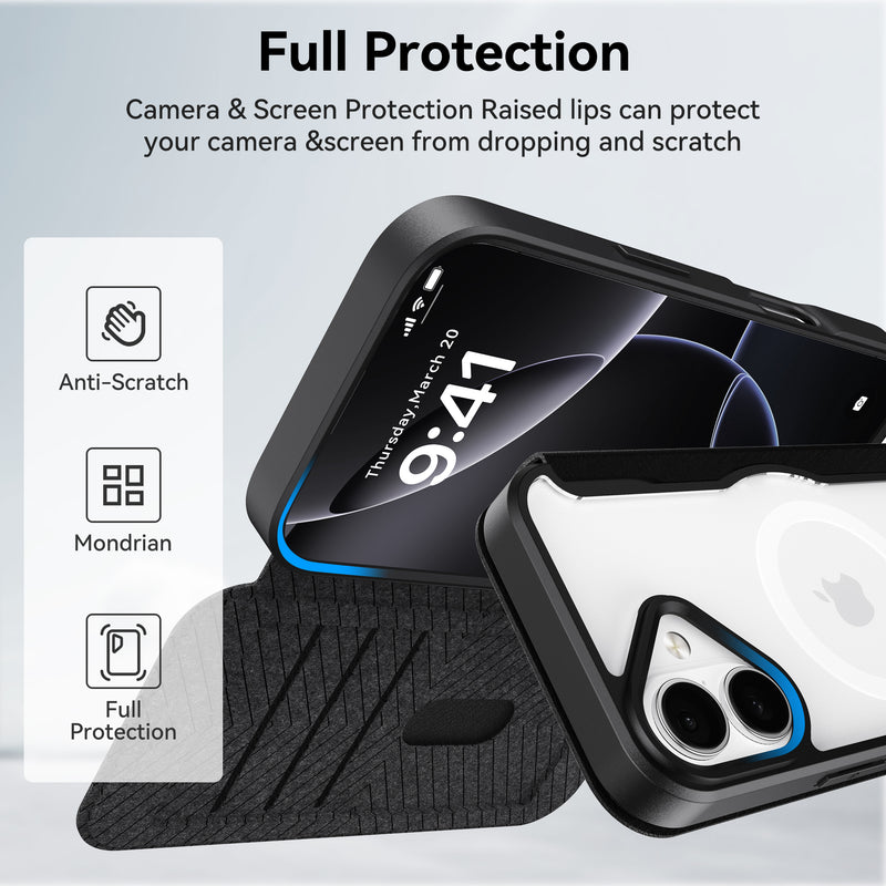 The Raptic iPhone 17 Folio Case - Air Folio is shown with raised edges for camera and screen protection, anti-scratch icons, a Mondrian design, full protection features, and a secure magnetic buckle.