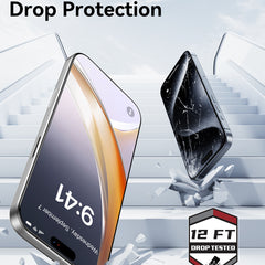 Two phones tumble down stairs; one survives with the Raptic Air Glass iPhone 17 Screen Protector 2 pack, featuring tempered glass and military-grade protection. The other shatters. A “12FT Drop Tested” badge appears at the bottom.