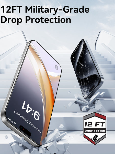 Two phones tumble down stairs; one survives with the Raptic Air Glass iPhone 17 Screen Protector 2 pack, featuring tempered glass and military-grade protection. The other shatters. A “12FT Drop Tested” badge appears at the bottom.