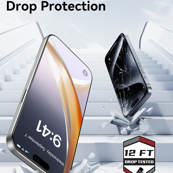 Two phones tumble down stairs; one survives with the Raptic Air Glass iPhone 17 Screen Protector 2 pack, featuring tempered glass and military-grade protection. The other shatters. A “12FT Drop Tested” badge appears at the bottom.