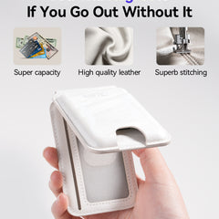 A hand holds the Raptic iPhone Magnetic Wallet - Raptic Air Wallet in white, featuring card and cash slots, shown with images emphasizing its capacity, premium leather quality, and precise stitching.