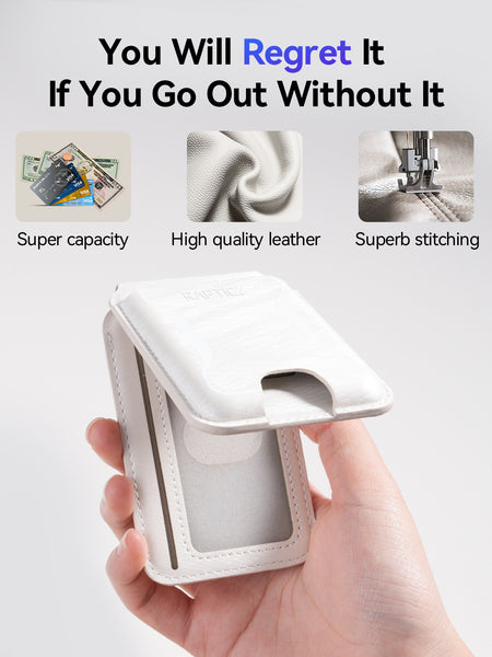 A hand holds the Raptic iPhone Magnetic Wallet - Raptic Air Wallet in white, featuring card and cash slots, shown with images emphasizing its capacity, premium leather quality, and precise stitching.