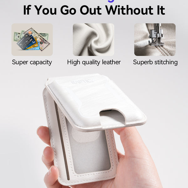 A hand holds the Raptic iPhone Magnetic Wallet - Raptic Air Wallet in white, featuring card and cash slots, shown with images emphasizing its capacity, premium leather quality, and precise stitching.