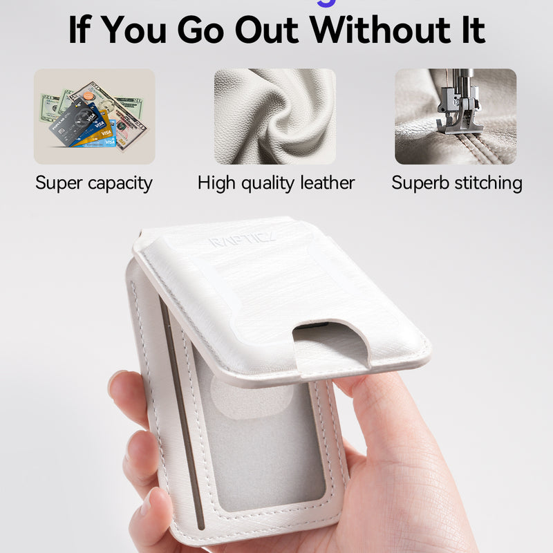 A hand holds the Raptic iPhone Magnetic Wallet - Raptic Air Wallet in white, featuring card and cash slots, shown with images emphasizing its capacity, premium leather quality, and precise stitching.