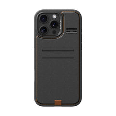 The Raptic iPhone 16 Wallet Kickstand Case - Slim Wallet is a black smartphone case featuring a rugged texture, raised edges, and precise cutouts for the camera and ports. It also includes two horizontal grooves, a small brown accent at the bottom, and supports wireless charging.