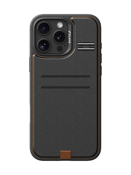 The Raptic iPhone 16 Wallet Kickstand Case - Slim Wallet is a black smartphone case featuring a rugged texture, raised edges, and precise cutouts for the camera and ports. It also includes two horizontal grooves, a small brown accent at the bottom, and supports wireless charging.