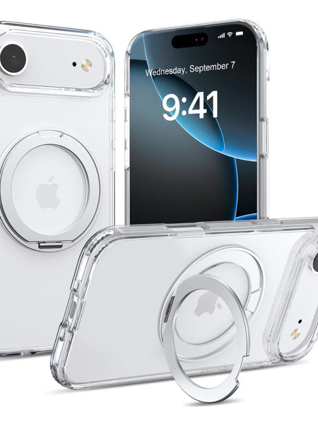 Three Raptic iPhone 17 Magnetic KickStand Cases – Air Stand are shown, two on phones and one with the built-in metal ring extended as a kickstand. These MagSafe cases combine style and convenience.