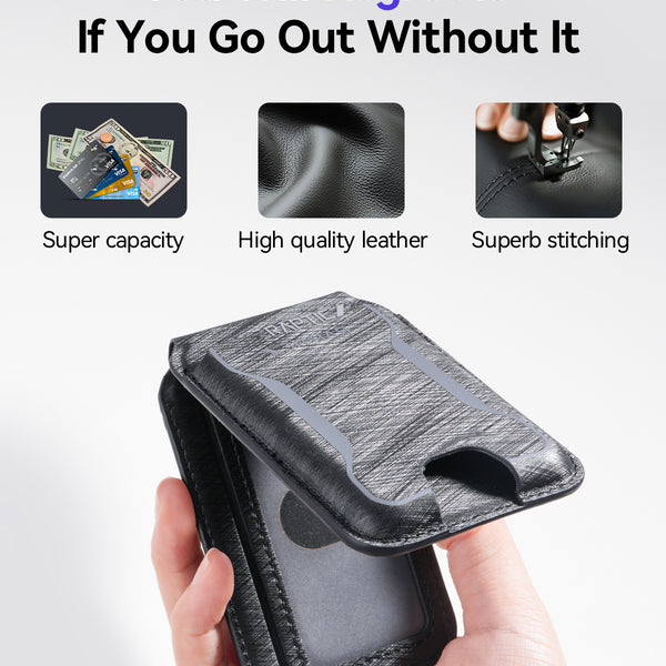 A hand holds the Raptic Air Wallet, a black leather cardholder from Raptic, featuring high-quality leather, superb stitching, super capacity, and Magnetic Wallet compatibility for easy iPhone attachment.