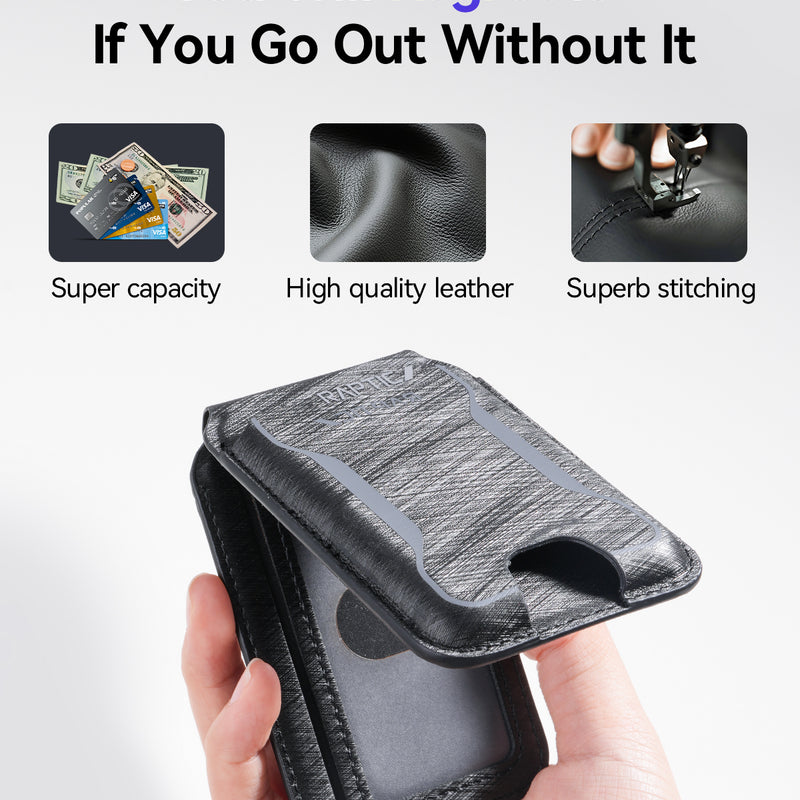 A hand holds the Raptic Air Wallet, a black leather cardholder from Raptic, featuring high-quality leather, superb stitching, super capacity, and Magnetic Wallet compatibility for easy iPhone attachment.