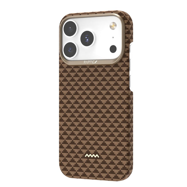 The Raptic iPhone 17 Aramid Fibre Case - Skin-Origin is a brown checkered, ultra-light, military-grade MagSafe-compatible cover made from aramid fiber, designed for the iPhone 17 with triple cameras and flash.