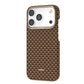 The Raptic iPhone 17 Aramid Fibre Case - Skin-Origin is a brown checkered, ultra-light, military-grade MagSafe-compatible cover made from aramid fiber, designed for the iPhone 17 with triple cameras and flash.