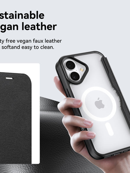 A hand holds the Raptic iPhone 17 Folio Case - Air Folio in black vegan faux leather. Text highlights its sustainable, cruelty-free, easy-to-clean design and secure magnetic buckle for convenience.
