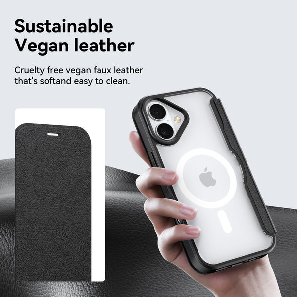 A hand holds the Raptic iPhone 17 Folio Case - Air Folio in black vegan faux leather. Text highlights its sustainable, cruelty-free, easy-to-clean design and secure magnetic buckle for convenience.