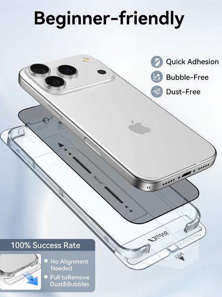 The Raptic iPhone 17 Privacy Screen Protector 2 pack (Air Glass) is shown with a silver phone, offering easy alignment, bubble- and dust-free installation, quick adhesion, and military-grade tempered glass for superior protection.