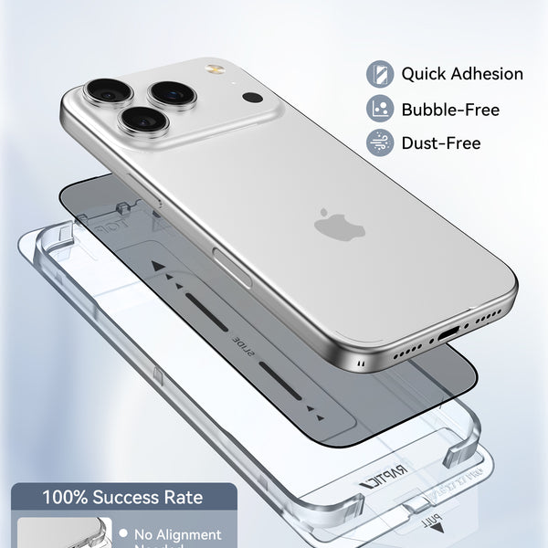 The Raptic iPhone 17 Privacy Screen Protector 2 pack (Air Glass) is shown with a silver phone, offering easy alignment, bubble- and dust-free installation, quick adhesion, and military-grade tempered glass for superior protection.