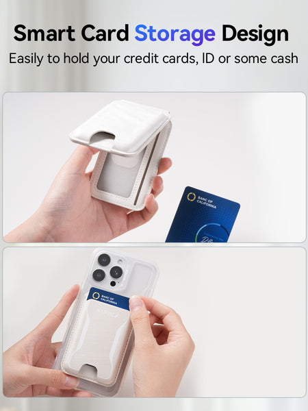 A person slides a blue credit card into the Raptic iPhone Magnetic Wallet - Raptic Air Wallet, attached to a phone case, highlighting the Raptic brand's convenient built-in card holder feature.