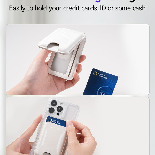 A person slides a blue credit card into the Raptic iPhone Magnetic Wallet - Raptic Air Wallet, attached to a phone case, highlighting the Raptic brand's convenient built-in card holder feature.