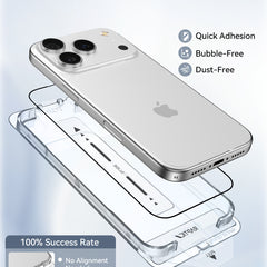 The Raptic iPhone 17 Screen Protector 2 pack features an installation tray, quick adhesion, bubble-free and dust-free application, and military-grade tempered glass for 100% success—ideal protection by Raptic with your iPhone above the kit.